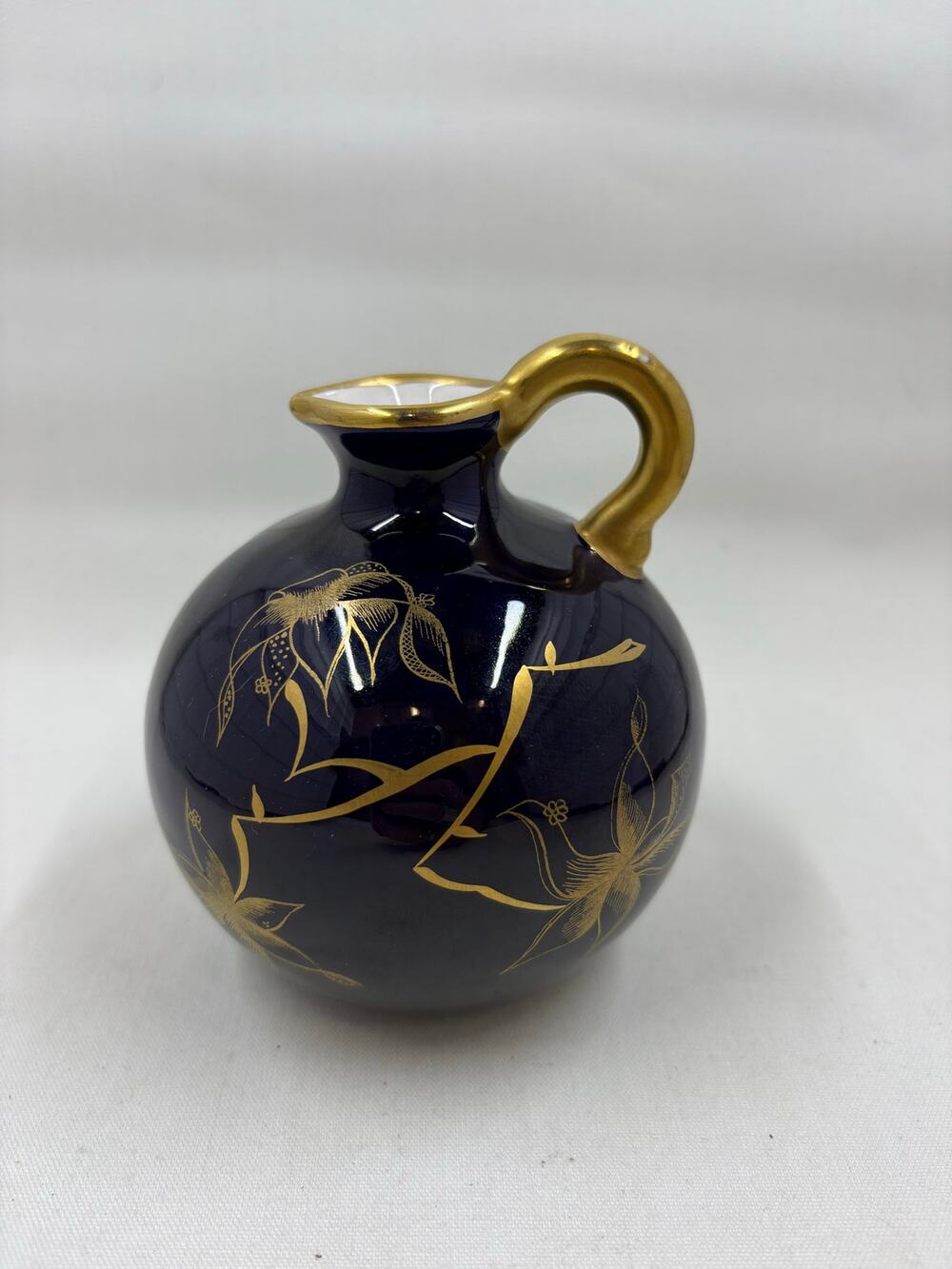 Vtg Cobalt Blue Ceramic Pitcher with Gold Floral Design & Handle- Hand Painted